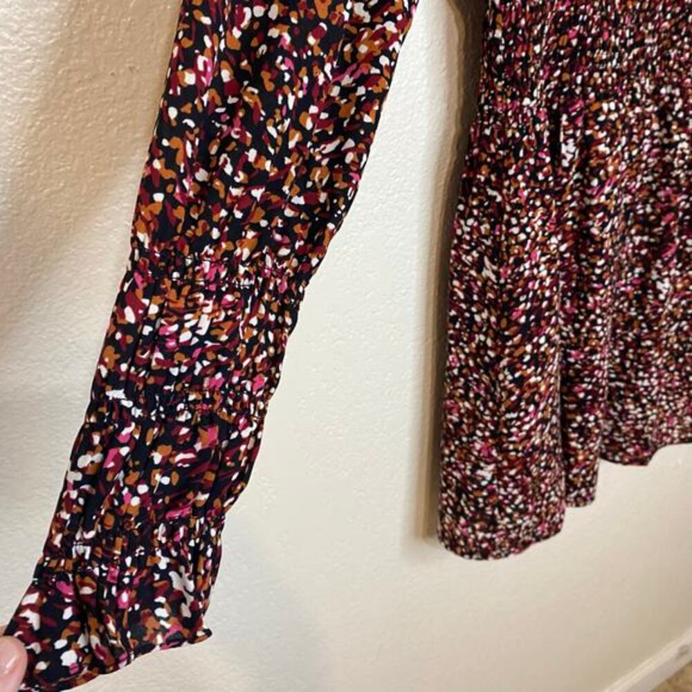 THML Burgundy Abstract‎ Confetti Smocked Waist Ruffle Neck Mini Dress Size S - Picture 4 of 13